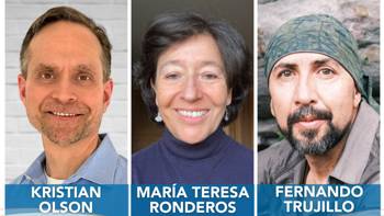 Εικαστικό που περιλαμβάνει τους τρεις νικητές να χαμογελάνε.